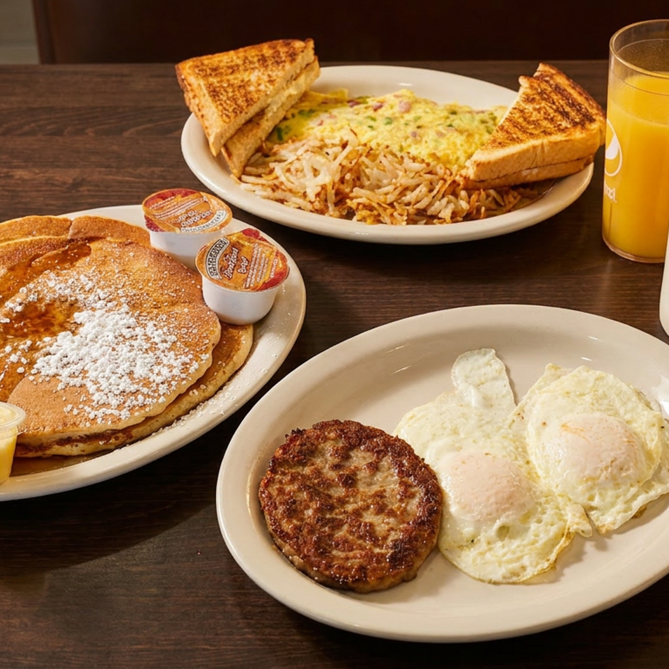 Hearty diner breakfast with pancakes, eggs, sausage, hash browns, toast, orange juice, and coffee on a wooden table.