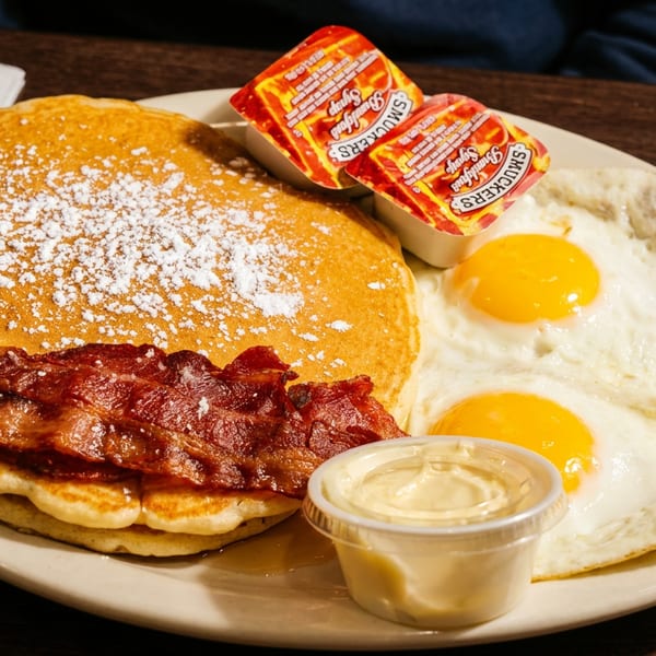 Breakfast plate with powdered-sugar pancakes, crispy bacon, two fried eggs, syrup packets, and a small cup of sauce.