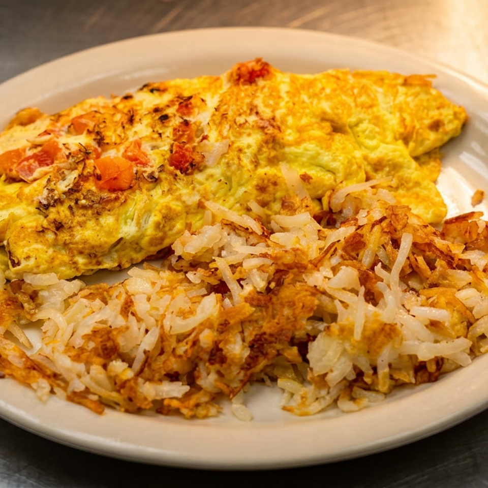 Plate of fluffy omelets topped with tomatoes and herbs, served alongside crispy golden rice in a casual restaurant setting.