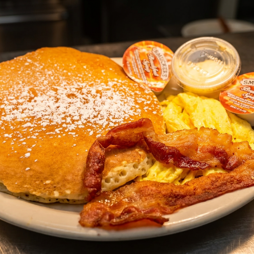Breakfast plate with powdered-sugar pancakes, scrambled eggs, crispy bacon, and individual Smucker’s syrup cups.